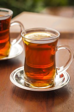 Two cups of turkish tea on a table in Istanbul