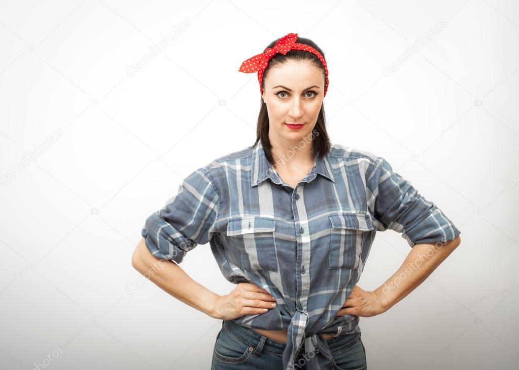 Woman in flanel shirt and red hair bow