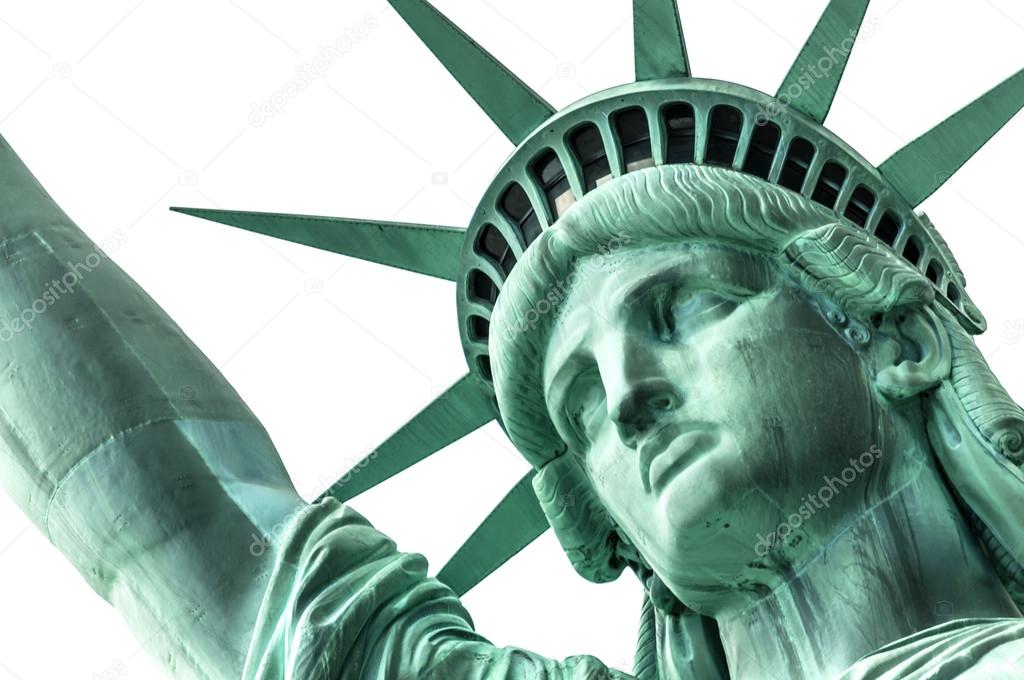 Closeup of the Statue of Liberty head isolated on white