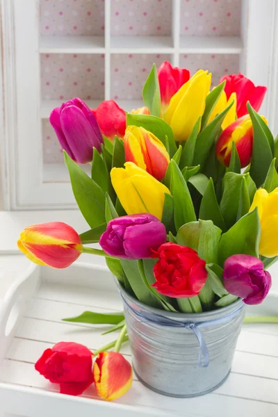 Bouquet of  yellow, purple and red  tulips — Stock Photo, Image