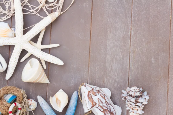 Starfish and sea shells on wooden board — Stock Photo, Image