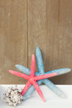 ahşap tahta üzerinde kırmızı ve mavi deniz yıldızı