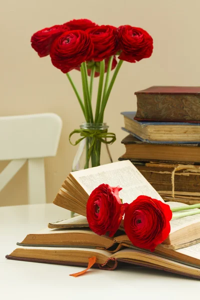 Staré knihy s červeným květem — Stock fotografie