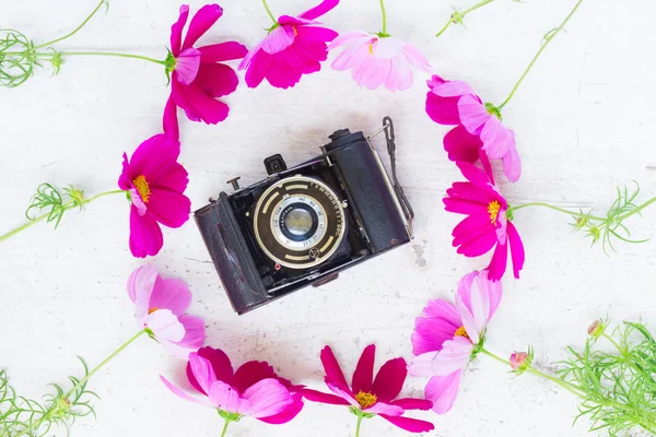 Vecchia macchina fotografica e fiori — Foto Stock