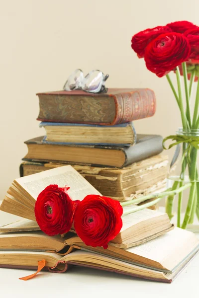 Alte Bücher mit Rosenblüte — Stockfoto