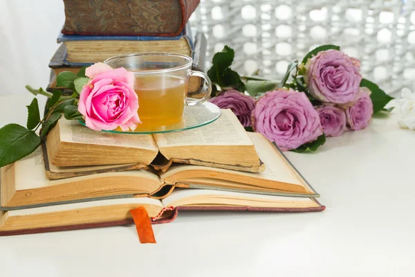 Livres anciens avec fleur de rose — Photo