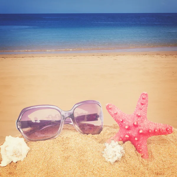 Морская звезда и солнцезащитные очки в песке — стоковое фото