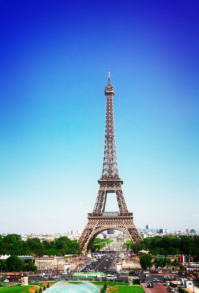 View of Eiffel Tower and Paris cityscape in summer day, France, retro toned
