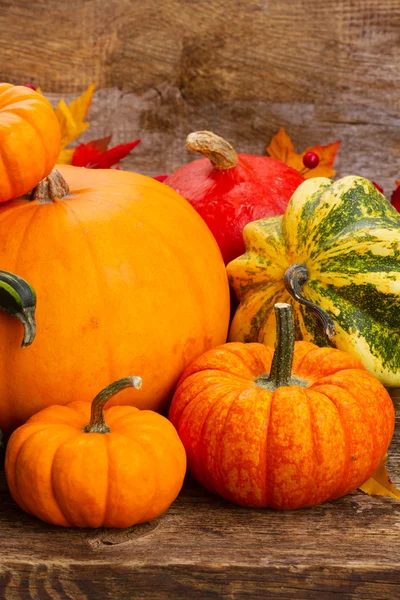 Ripe Orange Green Pumpkins Wooden Table — Stock Photo, Image