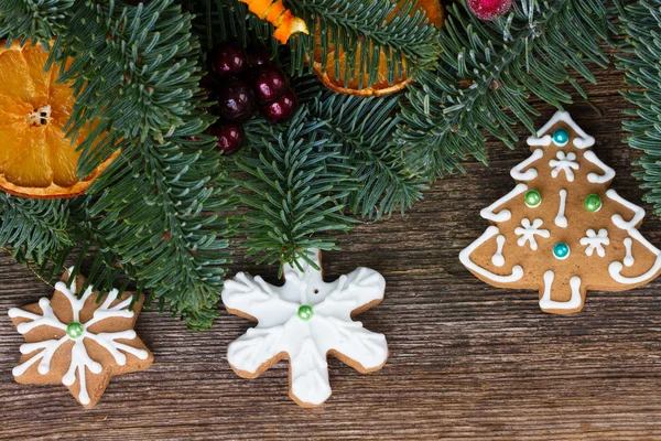 Christmas Gingerbread Cookies Fresh Fir Tree Close — Stock Photo, Image