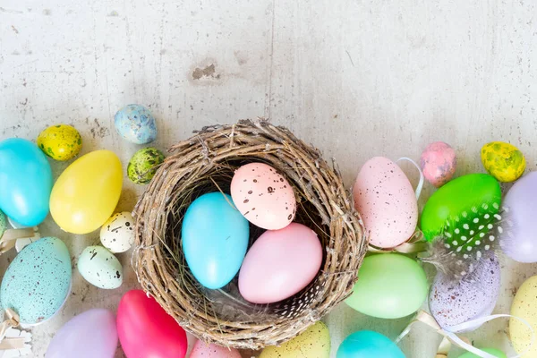 Easter colored eggs with tulips — Stock Photo, Image