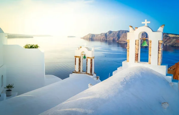 White belfries Santorini island, Greece — Stock Photo, Image