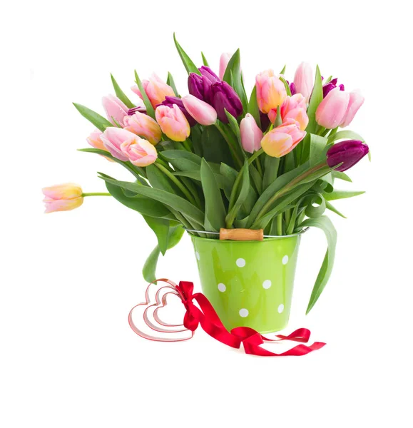 Bouquet of multicolored tulip flowers in white pot — Stock Photo, Image