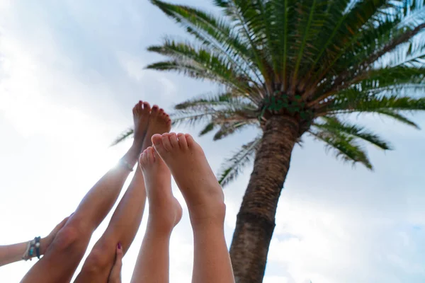 Voeten in de lucht tegen palmbomen en blauwe lucht — Stockfoto