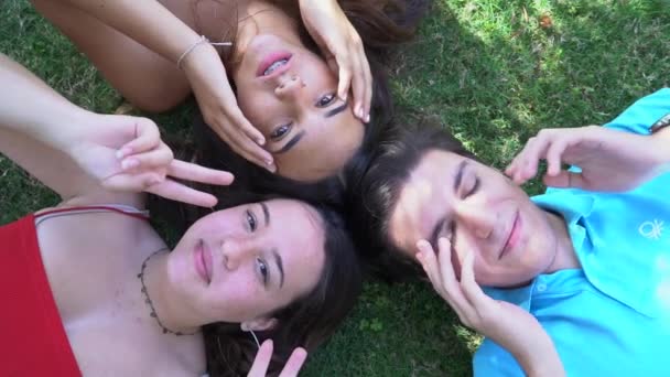 Grupo de amigos adolescentes felices relajándose en la hierba verde en el prado y mostrando signo de paz — Vídeos de Stock
