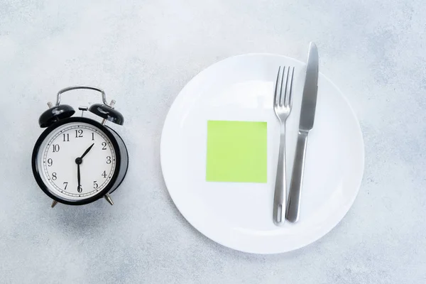 Intermitted Farsting Diet Concept Empty Plate Fork Knife Timer — Stock Photo, Image