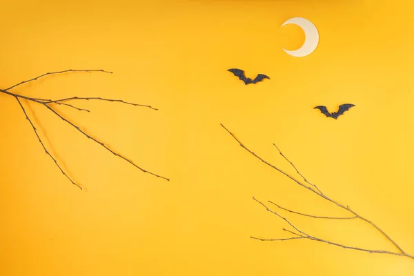 Halloween Flat Lay Vista Dall Alto Scena Con Pipistrelli Luna — Foto Stock