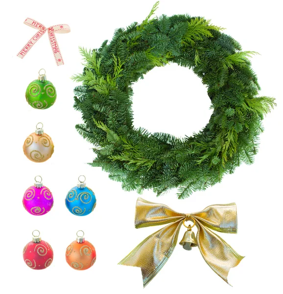 Christmas set with green christmas wreath — Stock Photo, Image