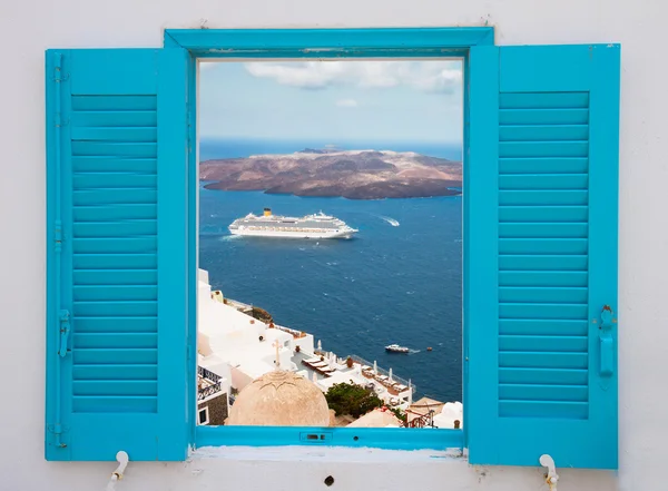 Window with view of Santorini volcano — Stock Photo, Image