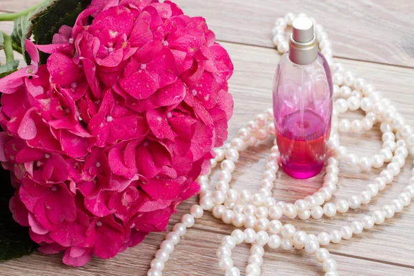 Hortensia flores e garrafa de fragrância — Fotografia de Stock