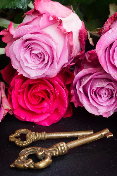 Key with pink roses — Stock Photo, Image