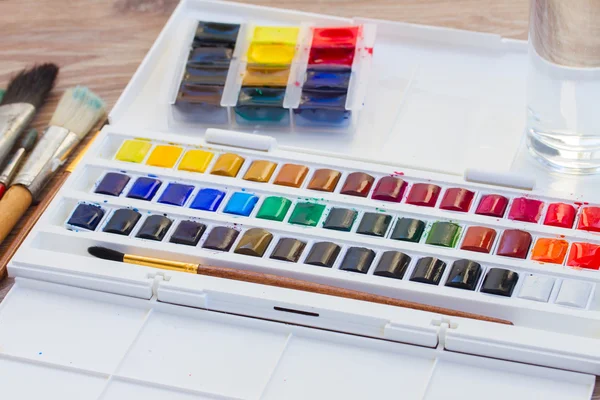Set of watercolor paints with brushes — Stock Photo, Image