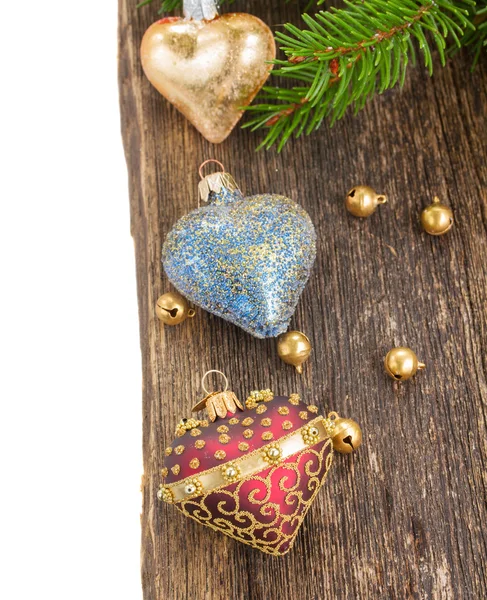 Christmas hearts on wooden background border — Stock Photo, Image