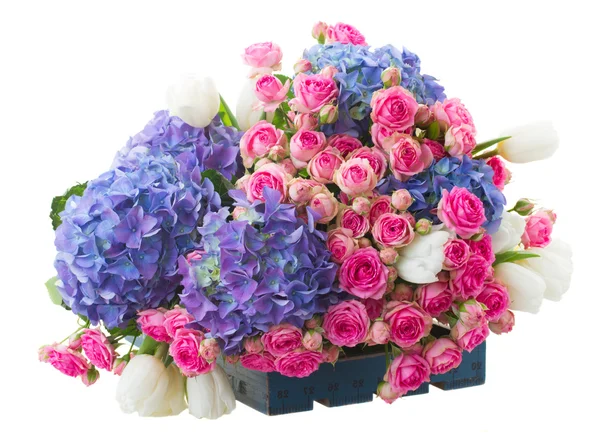 Pile of white tulips, pink roses and blue hortensia flowers — Stock Photo, Image