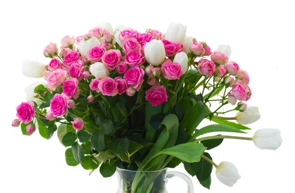 Bunch of  fresh pink roses and white tulips close up — Stock Photo, Image