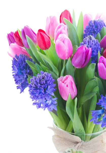 Bouquet of   blue hyacinth and  tulips — Stock Photo, Image