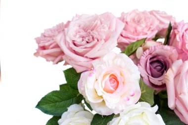 Beyaz stüdyo arka planında soluk pembe gül buketi, yumuşak kıvrımlı taç yaprakları, yüksek tuşlu ışıklandırma, hassas doku, romantik ruh hali, makro detay, pastel palet