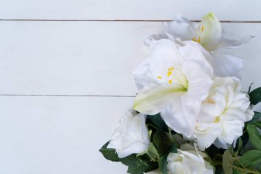 Beyaz çiçekler beyaz ahşap arka planda, narin kamelya gülleri parlak yeşil yapraklarla sade gelinlik tasarımı için düzenlenmiş, yumuşak doğal ışık, yatay
