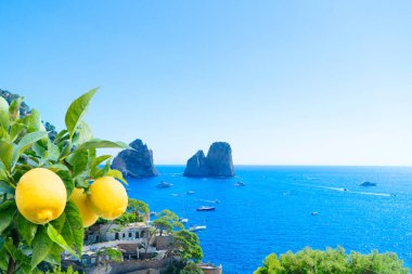 Ünlü Faraglioni Kayalıkları ve Capri Adası coast, İtalya, tonda retro