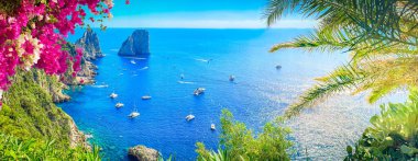 Ünlü Faraglioni uçurumları ve palmiye ve çiçeklerle dolu Capri adası kıyıları, İtalya