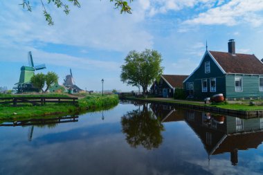 Hollanda 'da geleneksel yel değirmenleriyle kırsal bölge manzarası