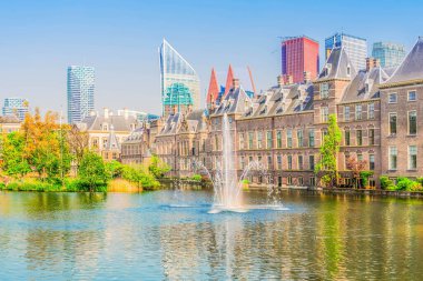 Binnenhof - çeşme, Lahey, Hollanda ile Hollanda Parlamentosu görünümünü