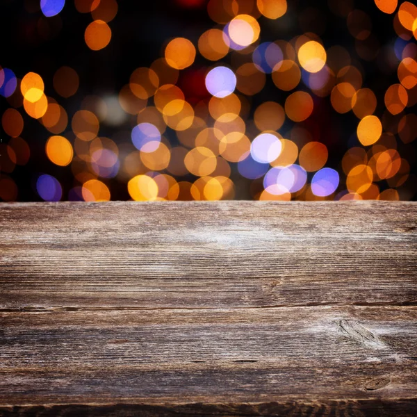 Wooden planks with golden bokeh background — Stock Photo, Image