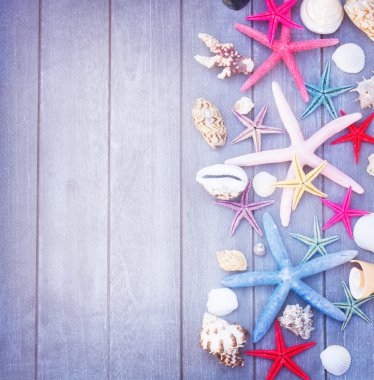 Deniz yıldızı ve deniz kabukları ahşap tahta üzerinde