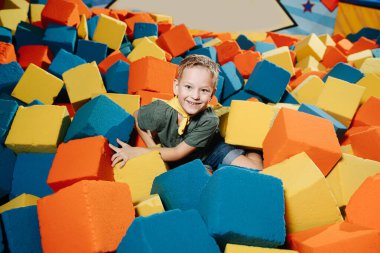 Eğlence merkezinde çok renkli bir küp havuzunda neşeli küçük bir çocuk.