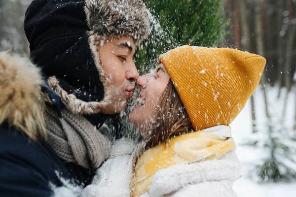 Пара цілується в зимовому лісі, сніг падає на їх обличчя — стокове фото
