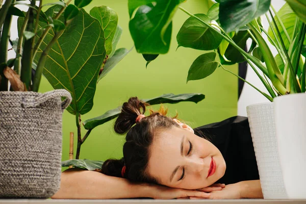 Niñera acostada en la mesa entre macetas grandes con plantas — Foto de Stock