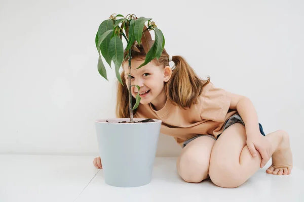 大きな鍋に植物の後ろから笑って遊び心のある女の子 — ストック写真