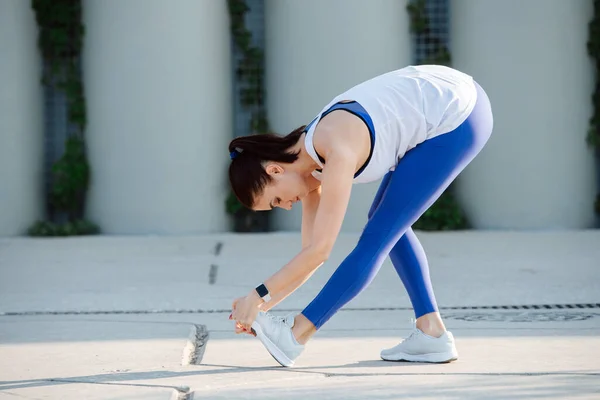 Good Looking Woman Stretching Concrete Paving Doing Forward Bends Support — Stock Photo, Image