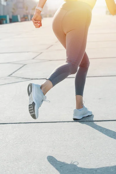 Running Woman Pavement Outdoors Cropped Lower Part Body Low Angle — Stock Photo, Image