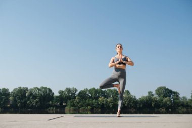 Sabit, güzel esmer, nehir kenarında manzaralı güzel bir yerde meditasyon yapıyor. Açık mavi gökyüzünün altında güneşli bir günde. Birbirine bağlı ellerle tek ayak üzerinde dengede duran.