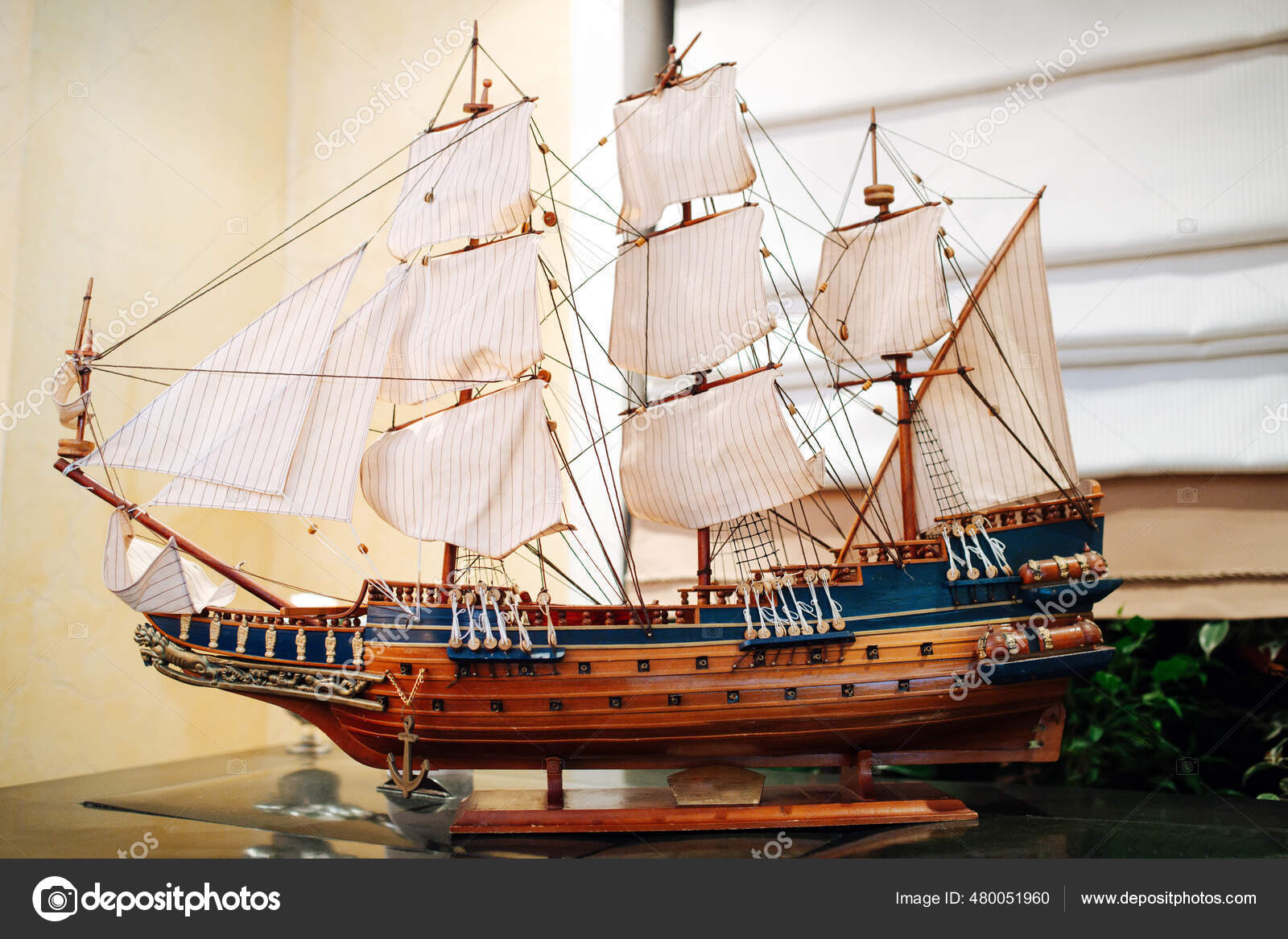 Wooden Old Sail Ship Model Stand Glass Table Has Three Stock Photo by