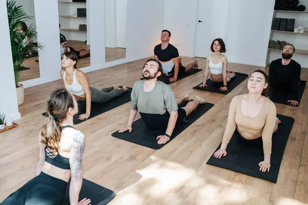 Groupe Détendu Personnes Pratiquant Yoga Faisant Face Vers Haut Chien — Photo