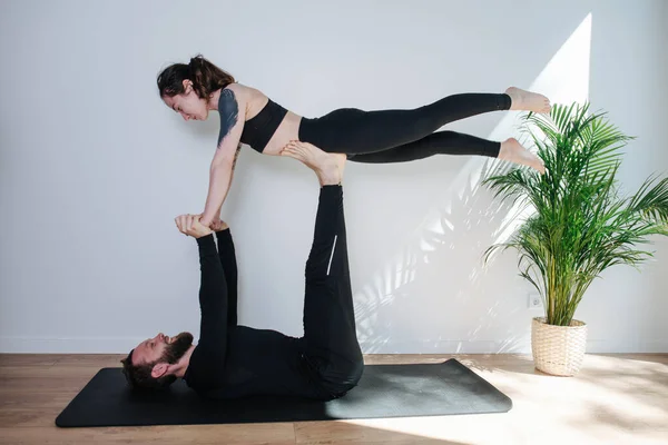 Joyful Man Woman Doing Gymnastic Form Holding Her Strtaight Arms — Stock Photo, Image