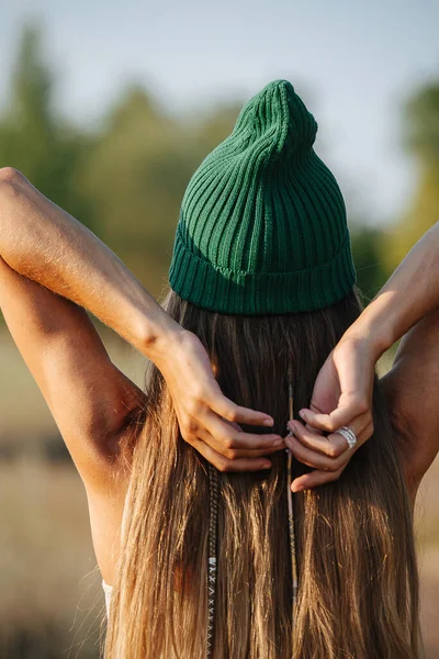 Woman Green Watch Cap Stretching Morning Enjoying Views Countryside — Stock Photo, Image