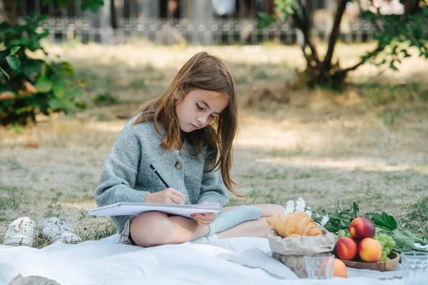 Klein Meisje Zittend Een Picknickkleed Notities Schrijven Een Papier Een — Stockfoto